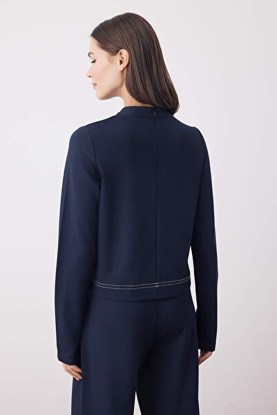 Trendyol Collection Navy Blue Stand Collar Regular/Normal Cut Stitching Detail Knitted Blouse Twoaw26Bz00107