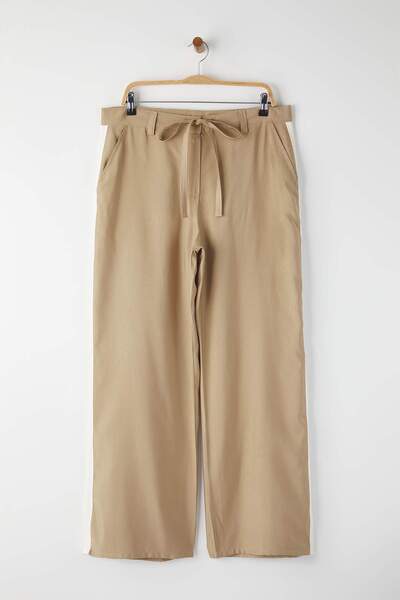Trendyol Curve Beige Regular Waist Tie Detail Woven Plus Size Pants Tbbaw26Ar00017