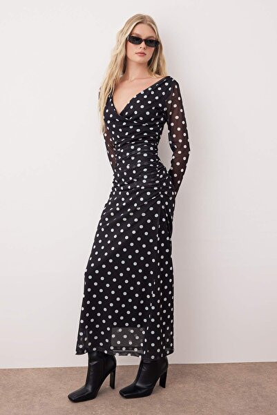 Trendyol Collection Black Polka Dot V-Neck Maxi Stretchy Tulle Knitted Dress Twoaw26El00213