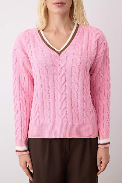 Trendyol Collection Pink Hair Braided College Themed Knitwear Sweater Twoaw26Kz00153