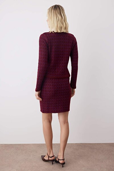 Trendyol Collection Burgundy Knit Detailed Cardigan-Skirt Knitwear Bottom-Top Set Twoaw24Au00001