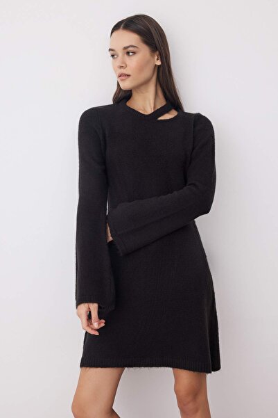 Trendyol Collection Μαύρο Μίνι Πλεκτό Φόρεμα Α-γραμμής από μαλλί Basic TWOAW26EL00028