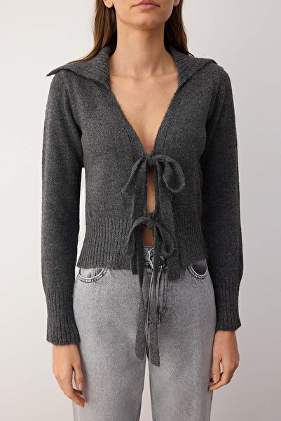 Trendyol Collection Anthracite Ribbon/Bow Tie Knitwear Cardigan Twoaw26Hi00122