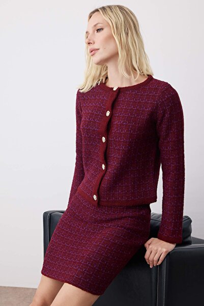 Trendyol Collection Burgundy Knit Detailed Cardigan-Skirt Knitwear Bottom-Top Set Twoaw24Au00001