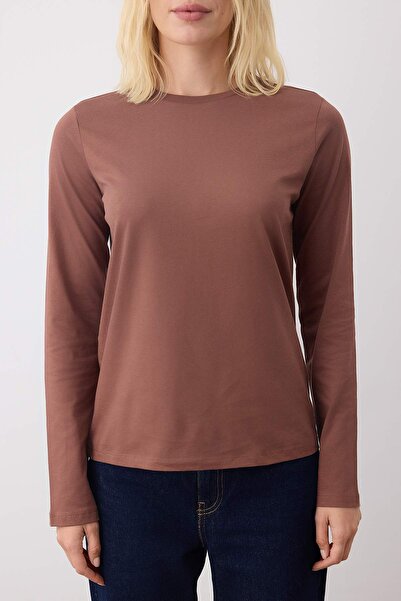 Trendyol Collection Hnědé 100% bavlněné tričko s dlouhým rukávem a výstřihem Regular/Regular Fit Basic Knitted T-Shirt TWOAW21TS0098