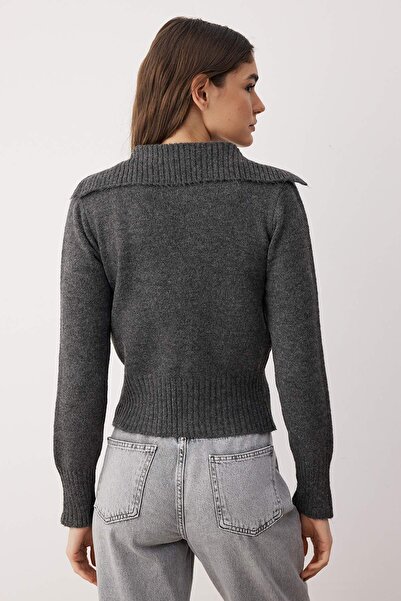 Trendyol Collection Anthracite Ribbon/Bow Tie Knitwear Cardigan Twoaw26Hi00122