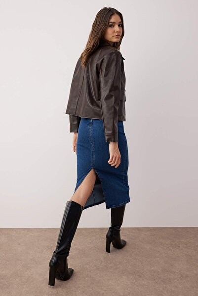 Trendyol Collection Modrá Udržitelnější detail prošívání Midi Pencil Džínová sukně Twoaw24Et00057