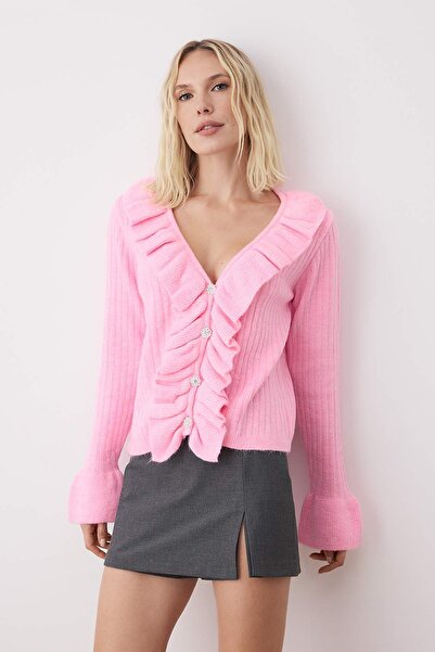 Trendyol Collection Pink Button and Ruffle Detail V-Neck Soft Textured Knitwear Cardigan Twoaw26Hi00041