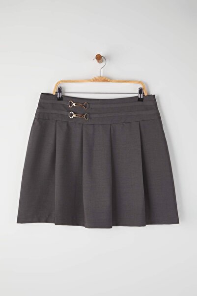 Trendyol Curve Anthracite Accessorized Pleated Mini Woven Plus Size Skirt Tbbaw26Az00014