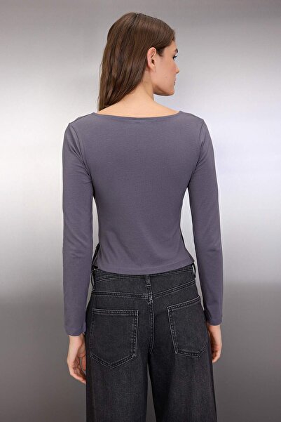 Trendyol Collection Anthracite V-Neck Fitted/Slim Fit Double Breasted Tie Detail Knitted Blouse Twoaw26Bz00167