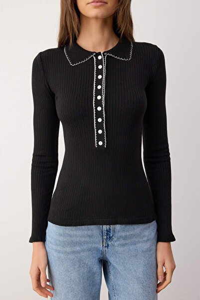 Trendyol Collection Black Mercerized Look Color Block Knitwear Sweater Twoaw26Kz00201