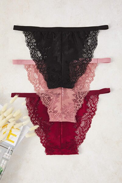 Trendyol Collection Chiloți tricotati brazilian din dantelă, multicolori, pachet de 3 THMAW26KU00011