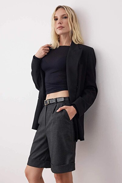Trendyol Collection Anthracite Mini Crowfoot Pattern Double Leg Fabric Shorts & Bermuda Twoaw26Sr00045