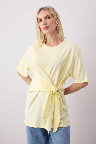 Trendyol Collection Yellow 100% Cotton Tie-Up Detail Crew Neck Short Sleeve Knitted Blouse Twoss25Bz00607