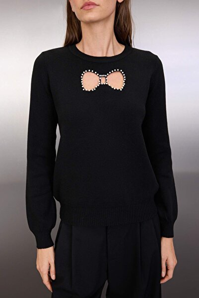 Trendyol Collection Black Ribbon Stone Detailed Knitwear Sweater Twoaw26Kz00219