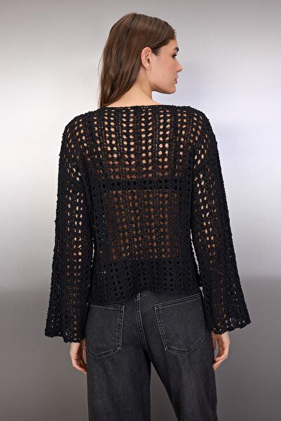 Trendyol Collection Black Special Yarn Openwork/Hollowed Boat Neck Knitwear Sweater Twoaw26Kz00193
