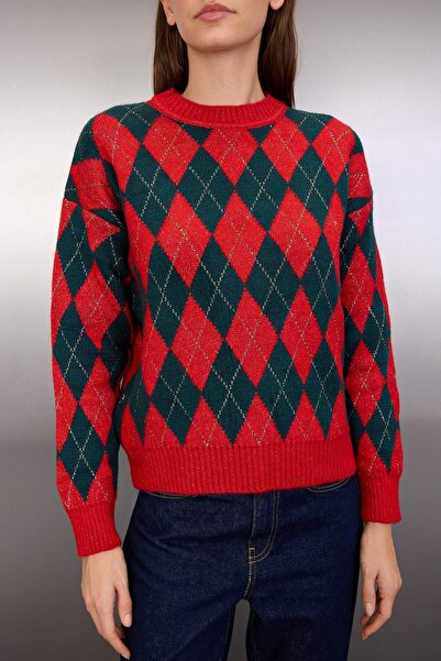 Trendyol Collection Red New Year Themed Soft Textured Glitter Knitwear Sweater Twoaw26Kz00233