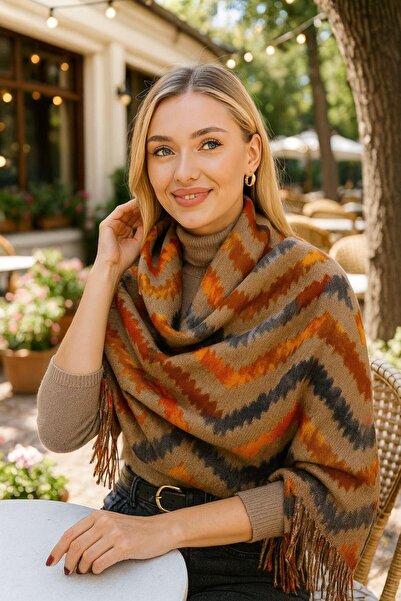 Axesoire 15165 Çizgi Desenli Vizon Püsküllü Kalın Şal