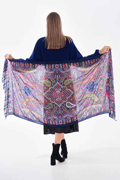 Axesoire 15176 Patchwork Patterned Navy Blue France Fabric Laced Shawl