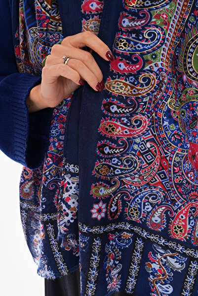 Axesoire 15176 Patchwork Patterned Navy Blue France Fabric Laced Shawl