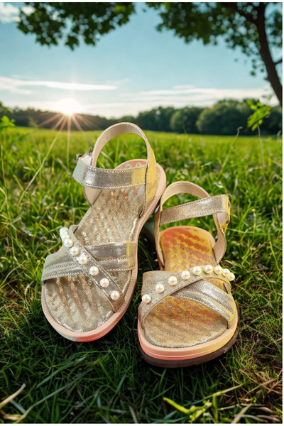 Moda Lime Sandale pentru fete Papuci cu talpă flexibilă cu velcro, cu detaliu de mărgele și panglică