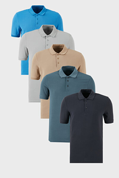 Buratti Pamuklu Regular Fit Düğmeli Polo Yaka 5'li Paket T Shirt Erkek T SHİR...