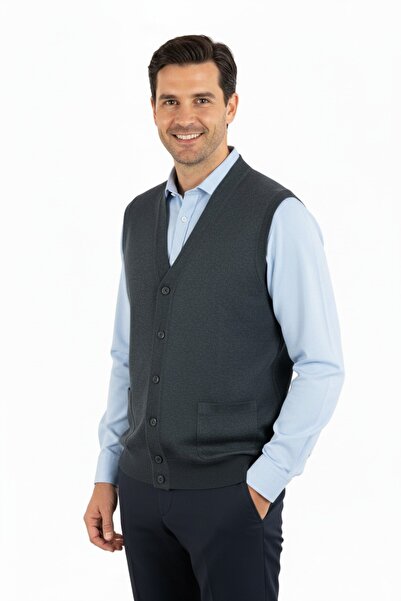 Oppland Men's V-Neck Buttoned Pocket Classic Model Comfortable Cut Full Pattern Woolen Woven Vest