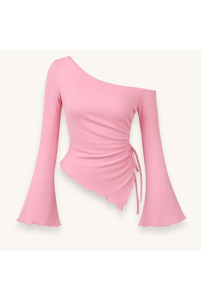 meren like your style Pink Long Sleeve Asymmetrical Neckline Draped Side Tie-Up Spring Fall Blouse Top
