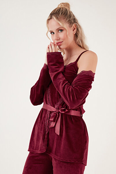 Lela Regular Fit Dantelli Yumuşak Dokulu Sabahlıklı Kadife Pijama Takımı PİJAMA TAKIMI 6095545