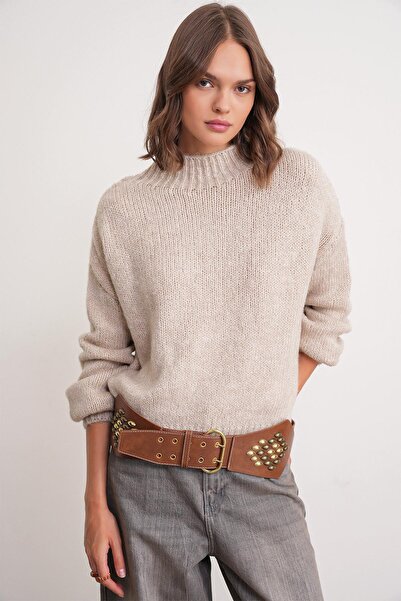 Mixray Γυναικείο πουλόβερ 6700 Model Stand Collar Stone Πλεκτό Μπαλόνι Γυναικείο Πουλόβερ