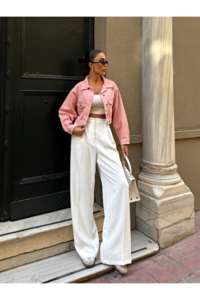 Fav Style Women's Double Pocket Crop Denim Jacket Pink