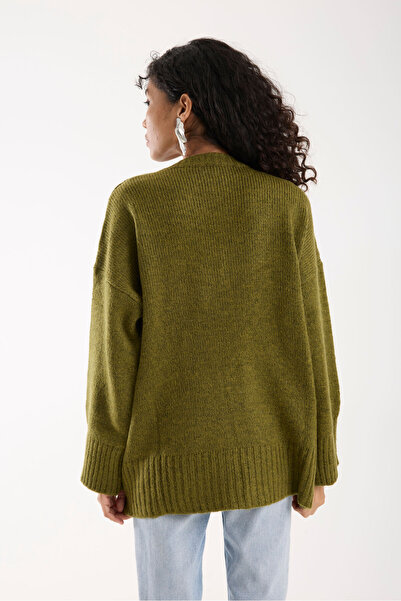 İLKCET MODA Bow Ribbon Detail Khaki Oversize Women's Long Sweater