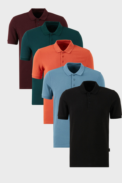 Buratti Pamuklu Regular Fit Düğmeli Polo Yaka 5'li Paket T Shirt Erkek T SHİR...