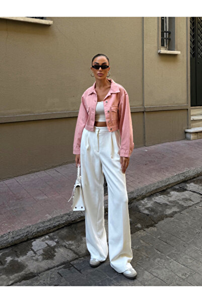 Fav Style Women's Double Pocket Crop Denim Jacket Pink