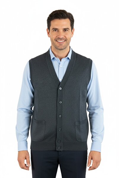 Oppland Men's V-Neck Buttoned Pocket Classic Model Comfortable Cut Full Pattern Woolen Woven Vest
