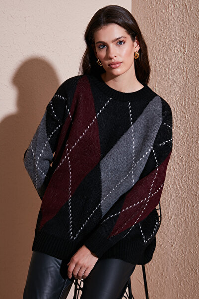 Lela Oversize Fit Bisiklet Yaka Baklava Desenli Kazak KAZAK 4615578