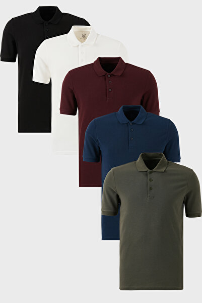 Buratti تي شيرت رجالي من القطن بقصة عادية وأزرار وياقة بولو مكون من 5 قطع 590...