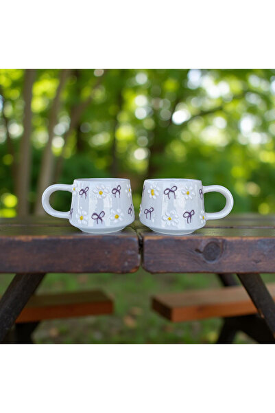 İlbay Çini Takı Ceramic Lilac Colored Bowknot White Daisy Mug Cup Double