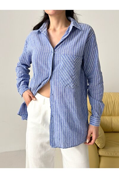 POP STORY Cămașă de damă din in cu dungi ușoare