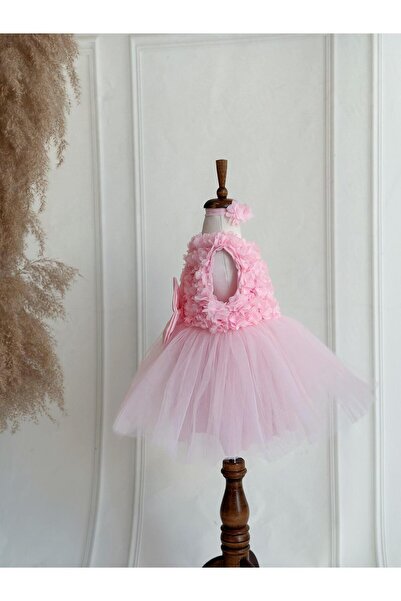 Hobidik Çocuk Açık Pembe Şifon Çiçekli Kabarık Elbise