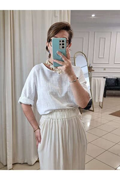 pudubutik بلوزة موسلين إيطالية كبيرة الحجم باللون الأبيض