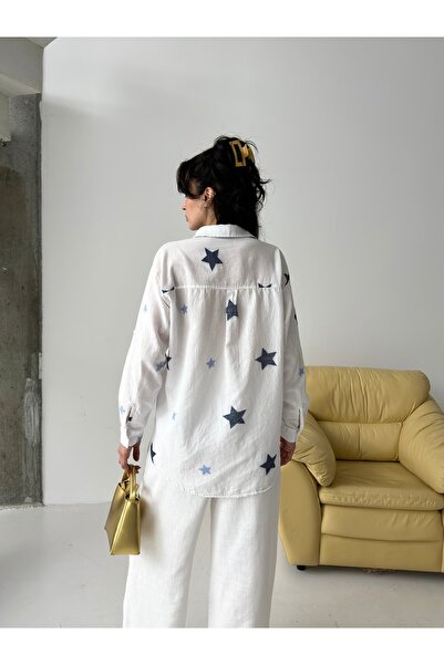POP STORY Γυναικείο πουκάμισο Star Embroidered Linen Blended