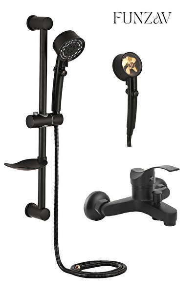 funzav Siyah Sürgülü Duş Seti Pervaneli Tasarruflu Filtreli Duş Başlığı Siyah...