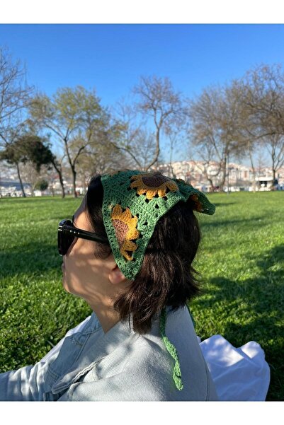 Kahvemavii Ayçiçek Motifli Yeşil Renk Örgü Bandana