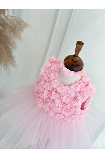 Hobidik Çocuk Açık Pembe Şifon Çiçekli Kabarık Elbise