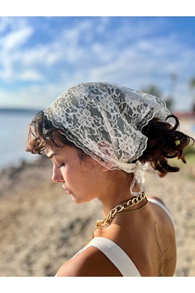 VENÜS MODA by Pınar Cream Lace Bandana Scarf Lace Scarf 70 cm Wide