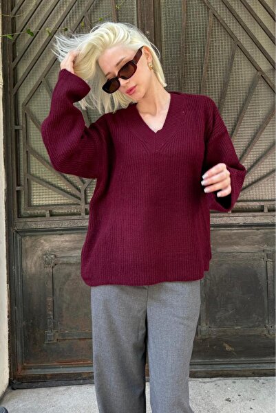 Madmext Burgundy V-Neck Knitwear Women's Sweater Mg2501