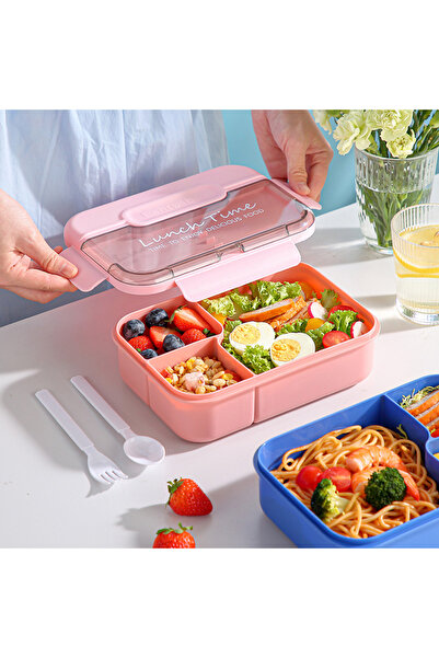 SUMAKA Lunch Box 1450ml 3 Compartments Student Sealed Adult With Spoon And Fork Leak Proof Microwavable