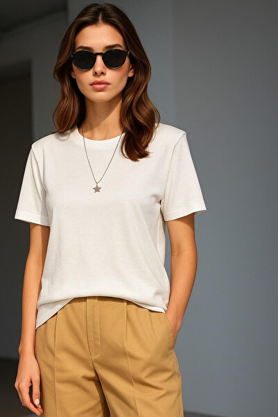 poupee Λευκό μπλουζάκι με επένδυση - Γυναικείο βαμβακερό μπλουζάκι με επένδυση ώμου, λαιμόκοψη