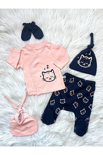 Linda Harris Sleepy Cat Lacivert-Somon 5’li Yenidoğan Bebek Hastane Çıkışı Seti